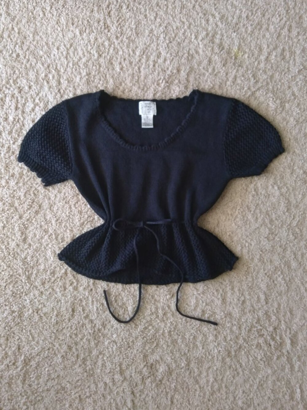 Vintage 90s One Step Up Black Crochet Knit Sweater Top with Cinched Waist Small